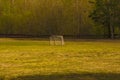 Old domestic small football goal with grid. Football goal with fragmentary grid in the forest. No people.