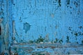 Fragment of a wooden door with cracked blue paint, a green