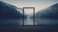 Geometric Surrealism Black Door Opens To Misty Forest And Lake