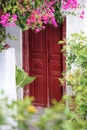 Old door with flowers in Oia village on Santorini island, Greece Royalty Free Stock Photo