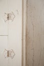 Old door hinges and cracking white paint on an antique furniture