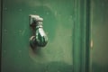 Old door knocker of historical building clode up. Doorknob in a shape of woman hand, on a green door Royalty Free Stock Photo