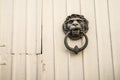 Old door knocker lion head at an old barn door