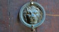 An old door knocker in the shape of a lion, a brown wooden door with a metal door knocker with a lion`s head Royalty Free Stock Photo