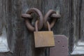 Old rusty lock on the wooden door