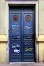 Old Door Signed by Street Artists, Dark Blue Old House Door in Istanbul
