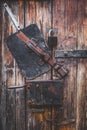 Old door, wood texture, metal latch lock. Royalty Free Stock Photo