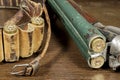 Old double-barreled shotgun open, beside a cartridge box Royalty Free Stock Photo