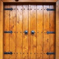 Old double leaf wooden door with metal vintage hinges and handles Royalty Free Stock Photo