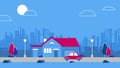 An old downtown house on the city sky scrapers background. Vector Red retro style car. Blue and red color scheme