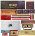 Old drawers, wooden strips and escutcheons
