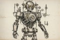 An old drawing of a model of a mechanical robot.