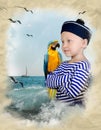 Old drawing with sailor boy and parrot Royalty Free Stock Photo