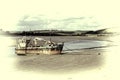 Old dredger boat on a coastline beach