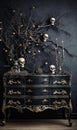 an ornate black dresser with skulls and candles