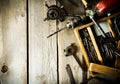 Old drill, a box with drills, pliers and ruler on Royalty Free Stock Photo