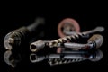 Old drill and drill with reflection in the mirror. Old drill and Royalty Free Stock Photo