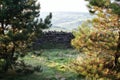 Old dry stone wall in welsh countryside, mountains in background Royalty Free Stock Photo