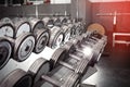 Old dumbbells rack. Metallic gray with shabby paint. Gym Royalty Free Stock Photo