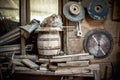 Old and dusty, vintage workshop of a carpenter with spider web