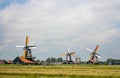 Old dutch windmills in historical village. Holland mills in field panoramic view. Rural holland landscape.