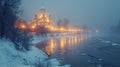 Old Eastern European monastery situated on river or lake island at early morning mist and fog, gentle sunrise light Royalty Free Stock Photo