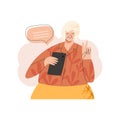 Old elderly happy senior woman with smartphone laptop device. Silver generation surfers, baby boomers communication in