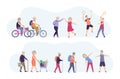 Old elderly people activity set. Happy elderly grandmother and grandfather healthy active lifestyle retiree. Dancing, biking,