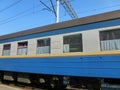 Electric train cars at the ground station in perspective against the background of the sky Royalty Free Stock Photo