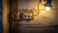 Old electrical outlets and a lit bulb on a textured wall electricity power Royalty Free Stock Photo
