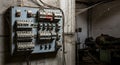 old electrical panel in a dilapidated industrial setting, covered in dust and cobwebs, hinting at neglect and the passage of time Royalty Free Stock Photo