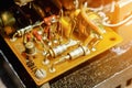 Old electronic components on the board. Retro electronics of the 60s - 70s of the last century