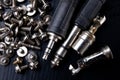 Old electronic connectors used for audio. Accessories for mechanic electronics Royalty Free Stock Photo