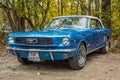 Classic veteran vintage retro old elegant and shining metal blue Ford Mustang at car show