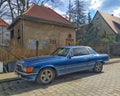 Classic veteran vintage old blue chromed coupe sports car Mercedes Benz 350 SLC C107 Royalty Free Stock Photo