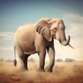 old elephant with tusks walks through a sandy desert