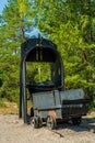 Old elevator cabin and mining train