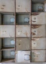 Old empty and abandoned lockers, some are still closed and locked. You can see that they are old because of the rust spots Royalty Free Stock Photo