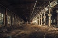 Old empty abandoned and ruined factory hall or warehouse inside interior