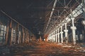 Old empty abandoned and ruined factory hall or warehouse inside interior Royalty Free Stock Photo