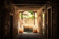 Old, empty arched hall or passage made of bricks with wooden beams in Venice, Italy