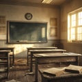 Old classroom with wooden desks, blackboard and sunlight streaming in school education Royalty Free Stock Photo