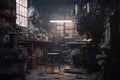 old empty mechanical workshop with many messy things created by generative AI