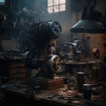 old empty mechanical workshop with many messy things created by generative AI