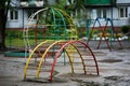 Old empty playground with metal structures for games Royalty Free Stock Photo