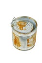 Old empty rusty tin can on white Royalty Free Stock Photo