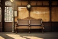 Old empty trainstation with wooden bench and clocks