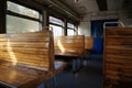 Old empty wagon of train. Wooden seats in an empty coach of train Royalty Free Stock Photo