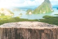 Old empty wood table on top of mountain view island and beach abstract background Royalty Free Stock Photo