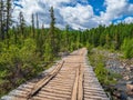 An old empty wooden bridge over a mountain river on the backgrou Royalty Free Stock Photo